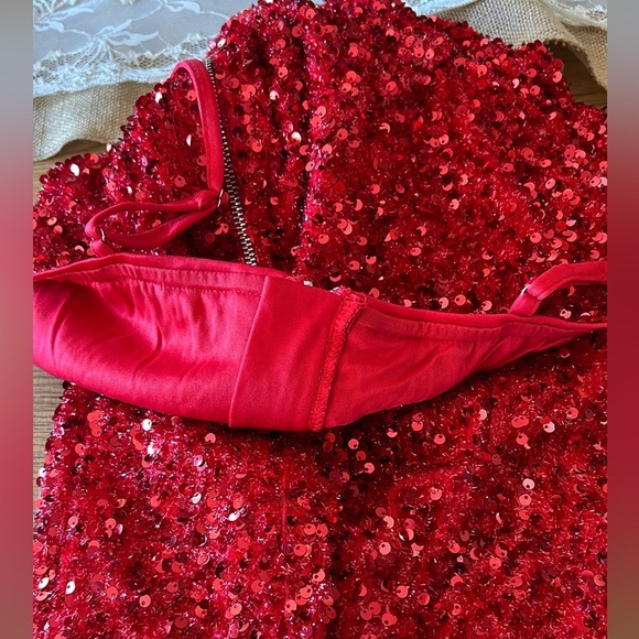 Women’s Red Sequin Thigh Slit Sleeveless Spaghetti Strap Cocktail Party Dress XL - Picture 13 of 14